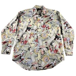 Vintage DC Comics Superman AOP Button Up Shirt Mens M Hong Kong Cotton